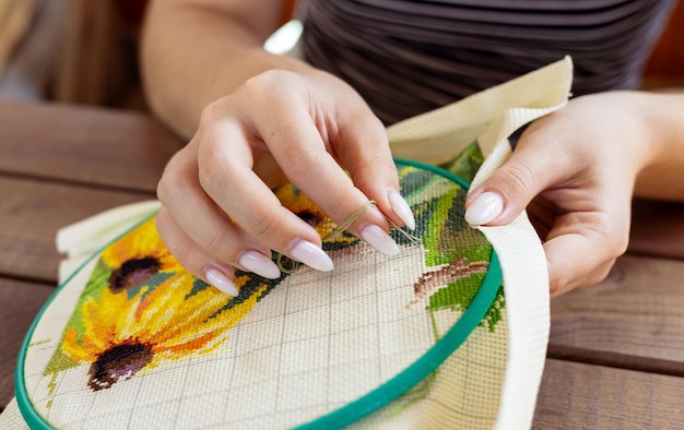Hands holding embroidered fabric